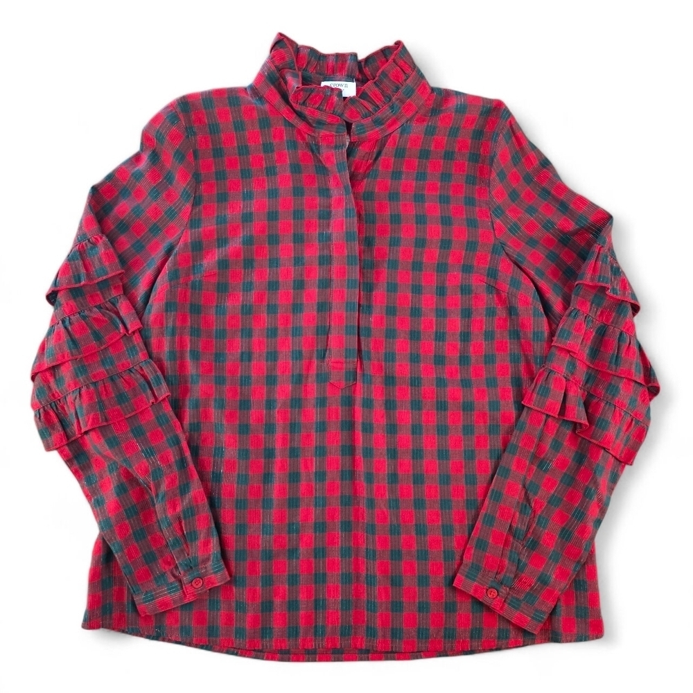 Crown & Ivy Red Plaid Ruffle Sleeve Metallic Holiday Blouse Women’s Small NWT